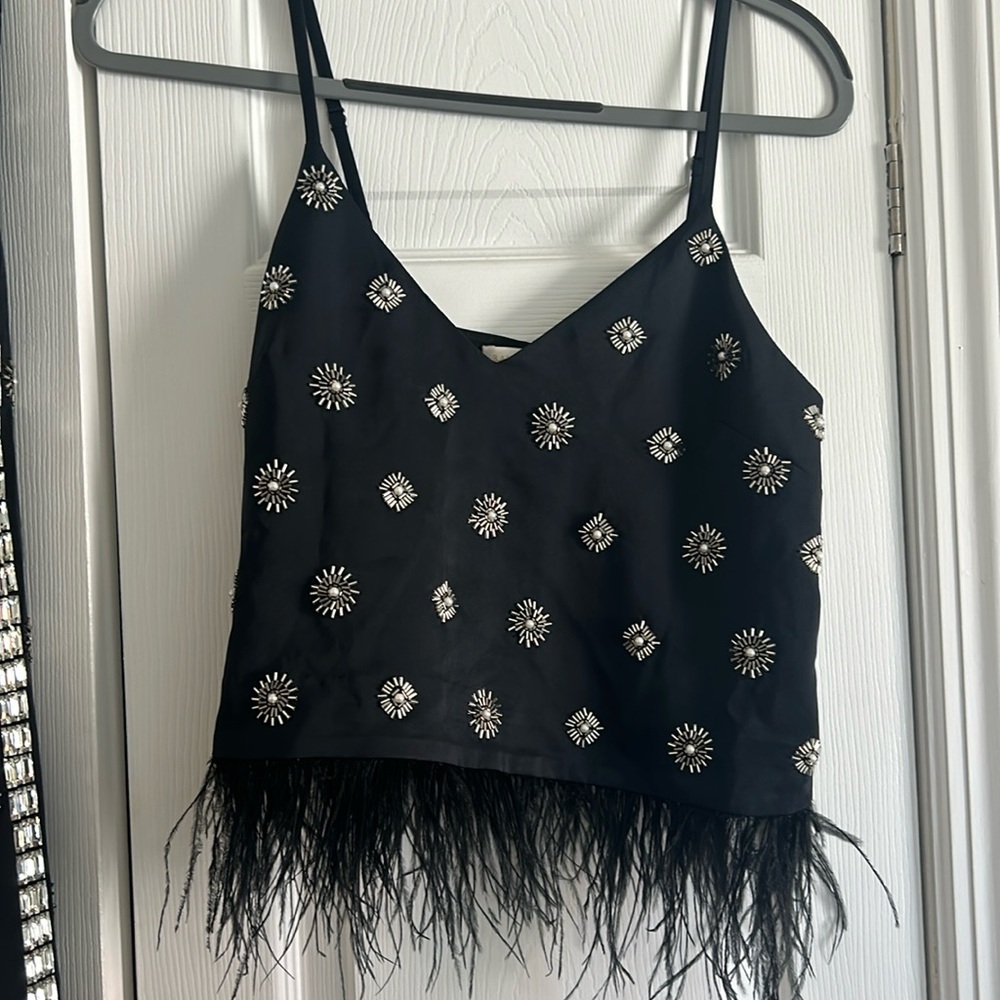 NWOT Ramy Brook Satin Embellished Spaghetti Strap Top with Feather Hem